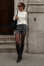 Asimetrik Button Detail Long Sleeve White Knit Blouse