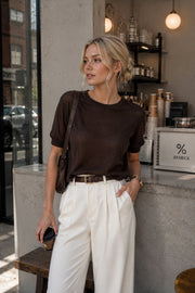 Brown Transparent Textured Crew-Neck Blouse
