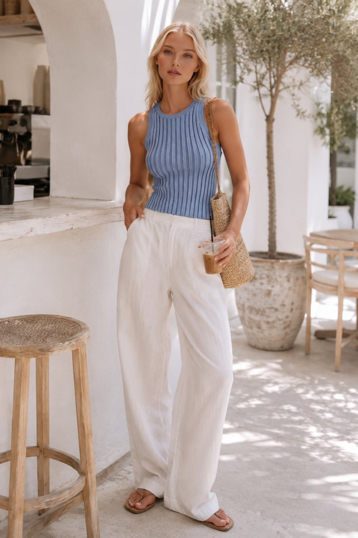 Ribbed Swim Collar Blue Blouse