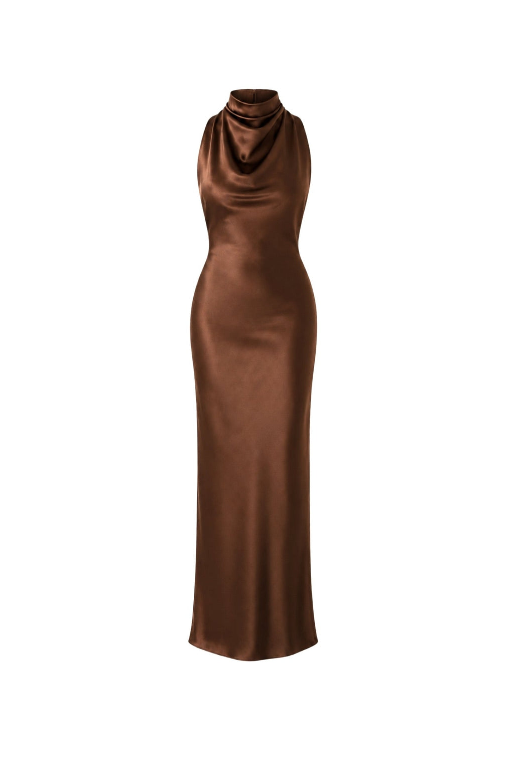 Cowl Neck Maxi Brown Satin Dress