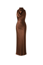 Cowl Neck Maxi Brown Satin Dress