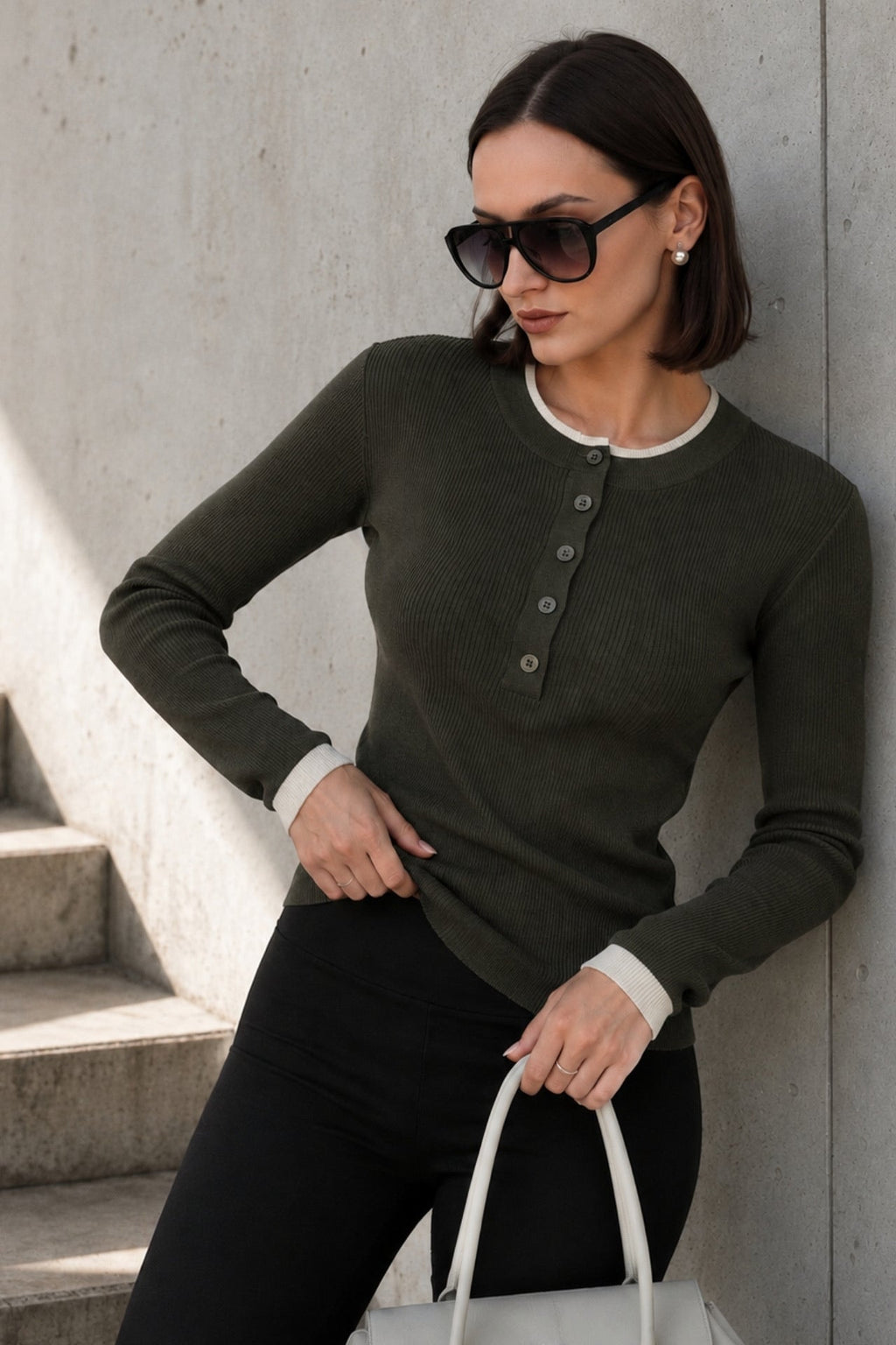 Button Detail Double-Collar Textured Haki Blouse