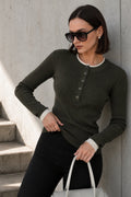Button Detail Double-Collar Textured Haki Blouse