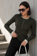 Button Detail Double-Collar Textured Haki Blouse