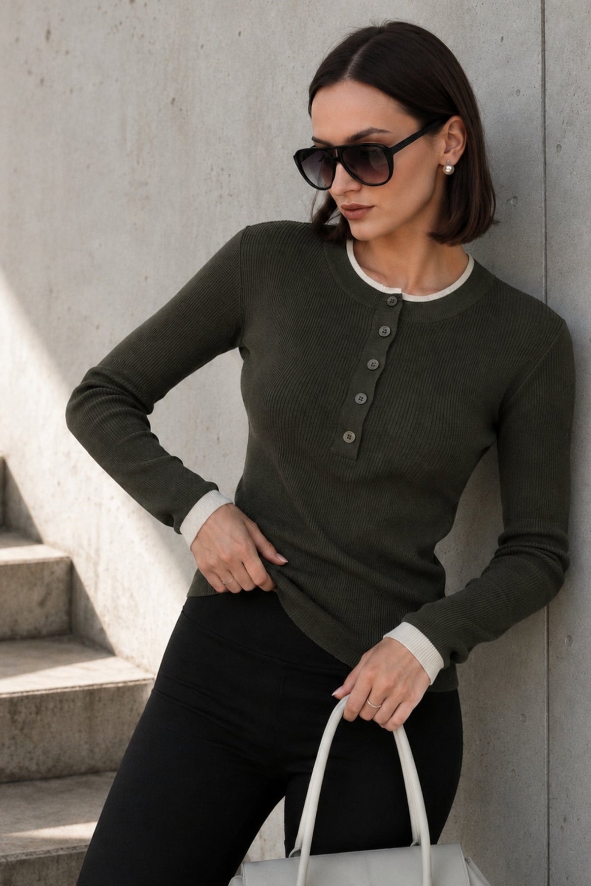 Button Detail Double-Collar Textured Haki Blouse
