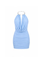 Plunging Neckline Accessory Detail Blue Mini Dress