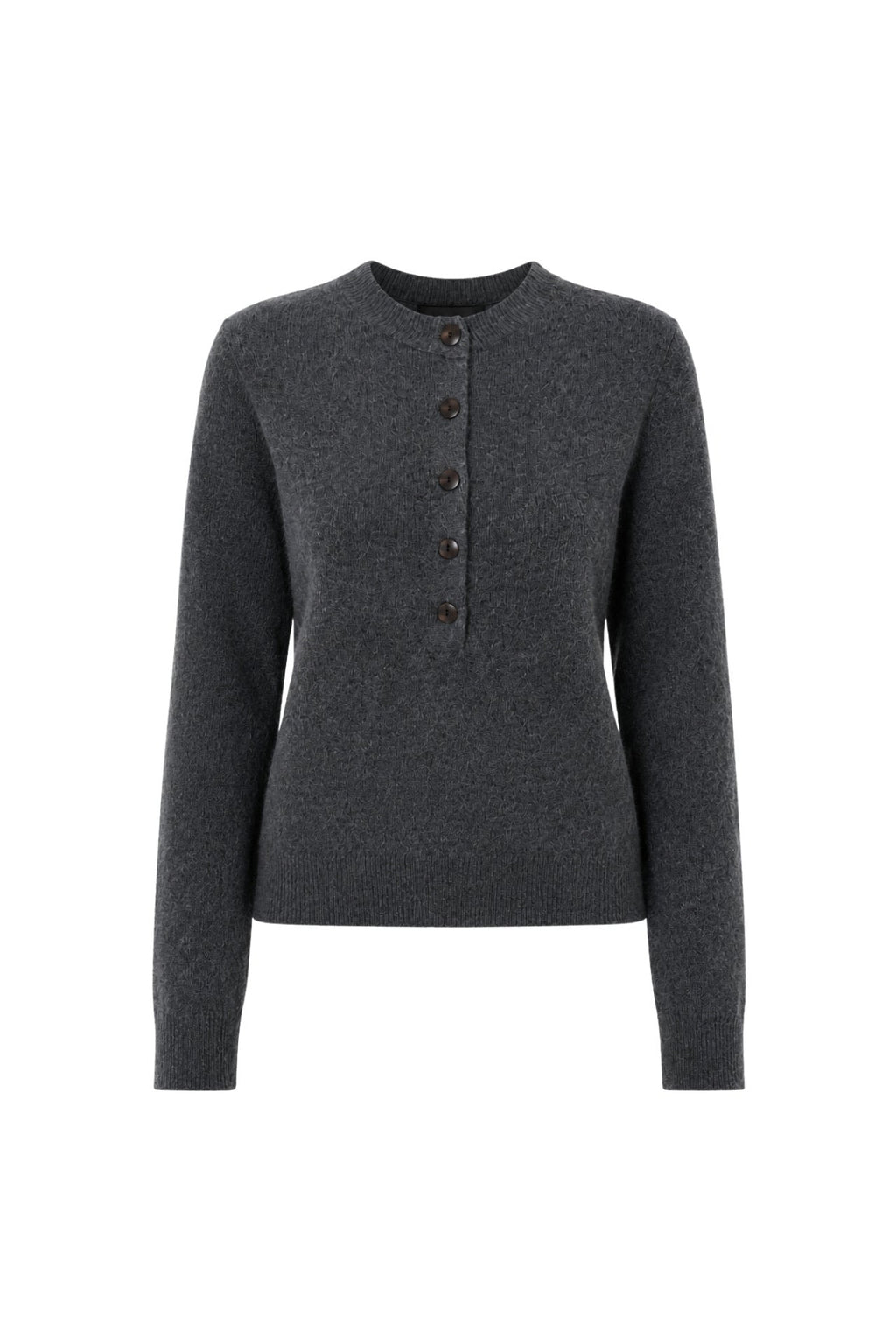 Crew Neck Button Detail Textured Gray Blouse