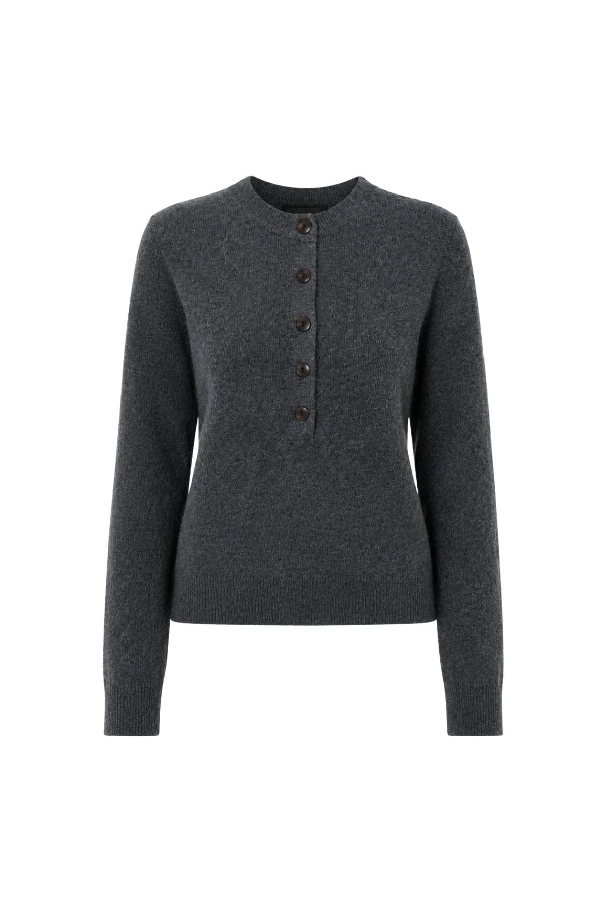 Crew Neck Button Detail Textured Gray Blouse