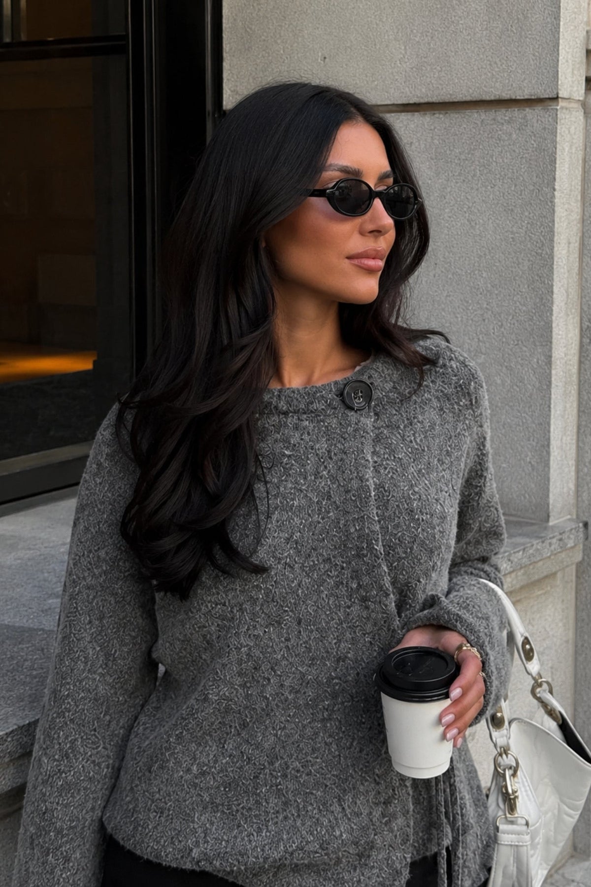 Button Detail Tie-Detail Charcoal Knit Cardigan