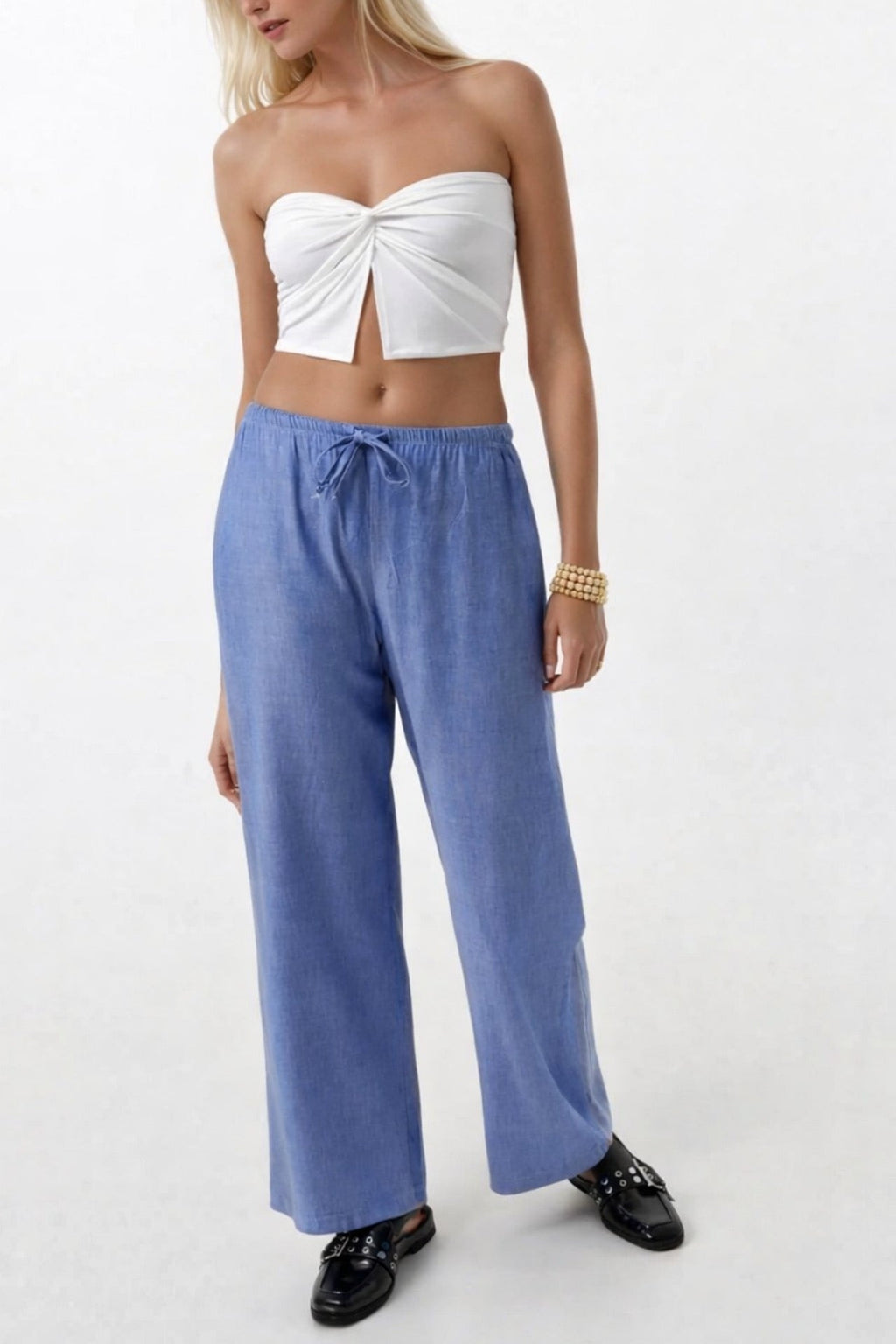 Thin Belt Tie Detail Dark Blue Pants