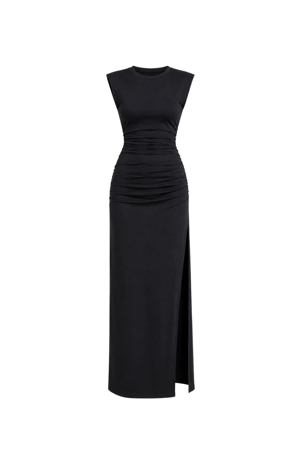 Black Maxi Gathered Dress with Shoulder Pad Detail and Slit