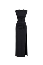 Black Maxi Gathered Dress with Shoulder Pad Detail and Slit