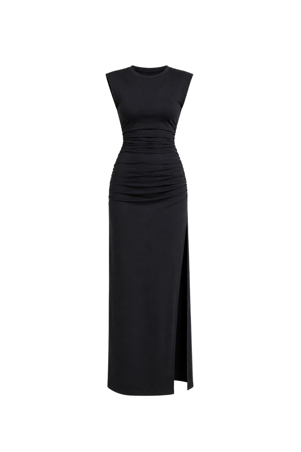 Black Maxi Gathered Dress with Shoulder Pad Detail and Slit
