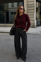 Accessory Detail Crew Neck Burgundy Knit Cardigan