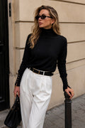 Turtleneck Button Detail Black Knit Blouse