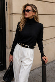 Turtleneck Button Detail Black Knit Blouse