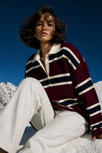 Striped Buttoned Polo Neck Burgundy Knit Blouse