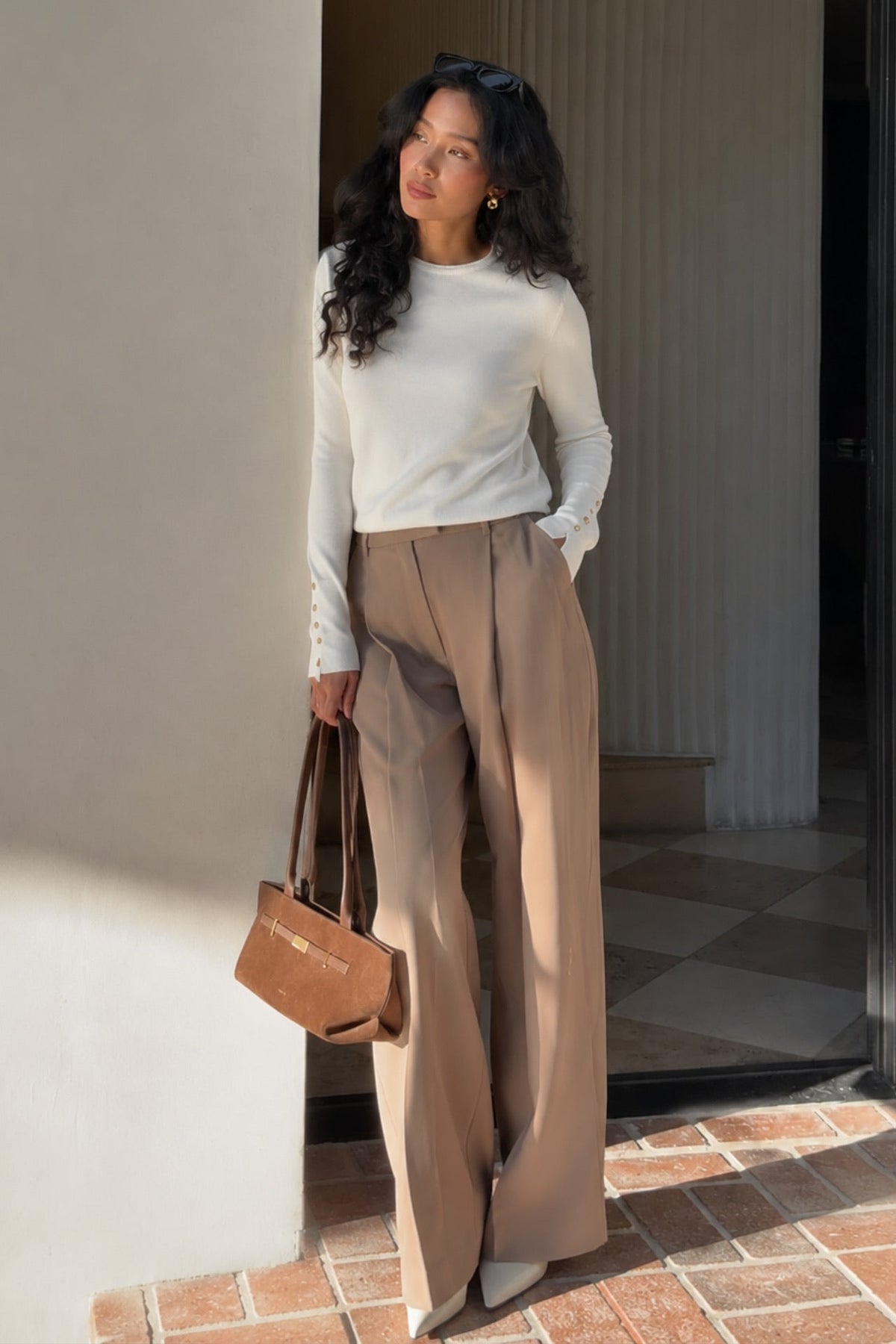 Button Detail Crew Neck Ecru Blouse