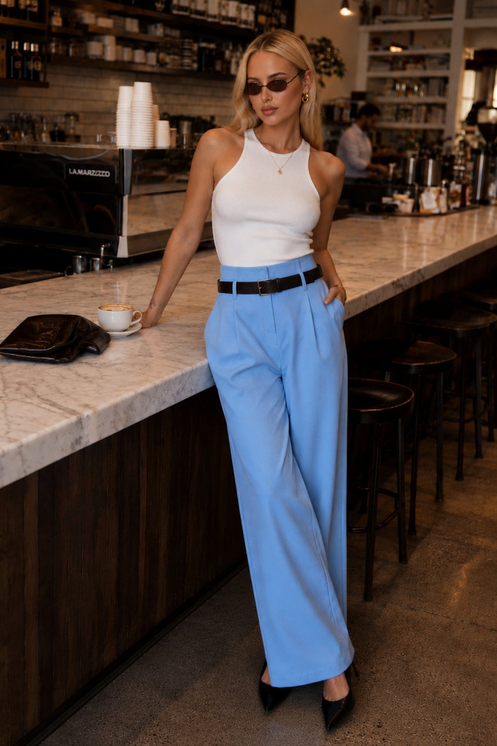Belt Detail High Waist Baby Blue Pants