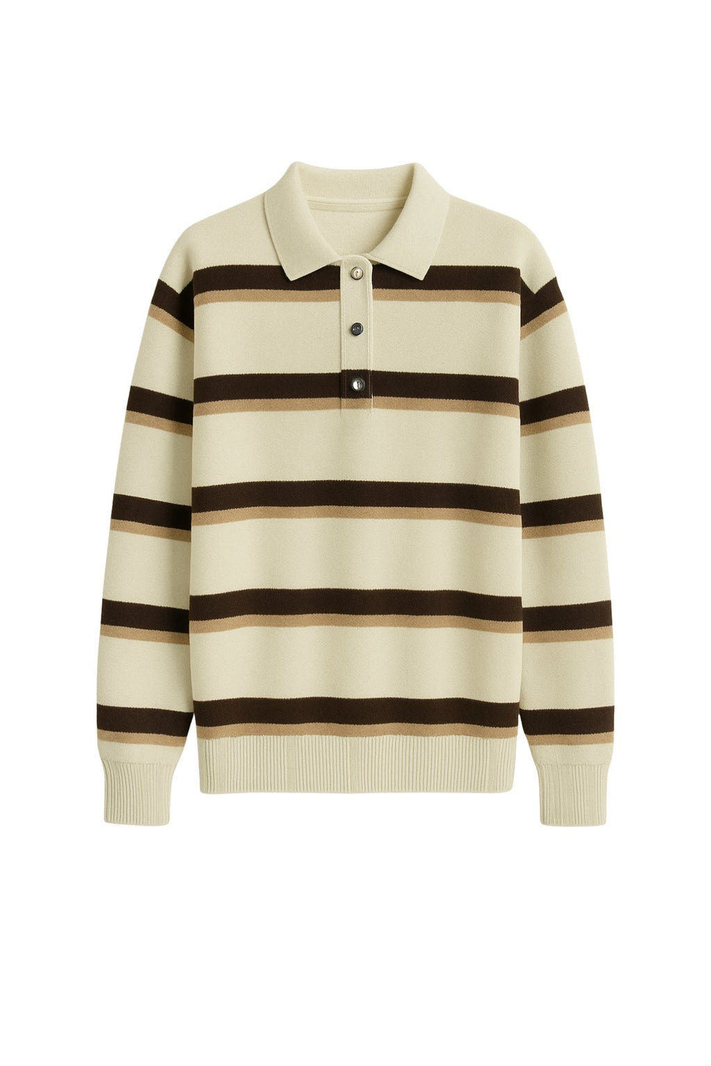 Polo Collar Button Detail Beige Striped Knit Sweater