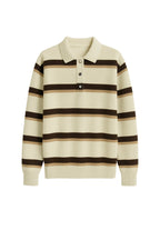 Polo Collar Button Detail Beige Striped Knit Sweater