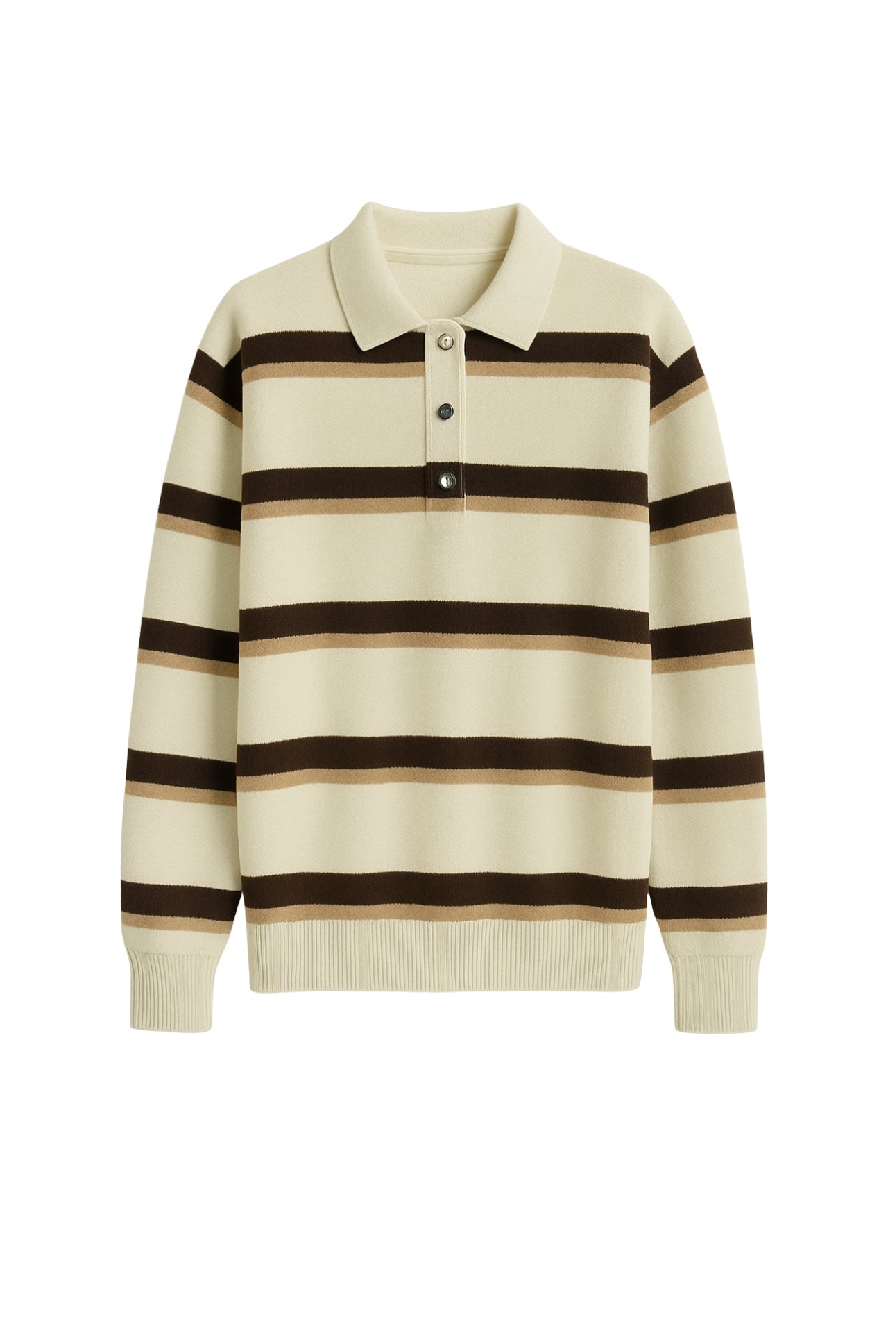 Polo Collar Button Detail Beige Striped Knit Sweater