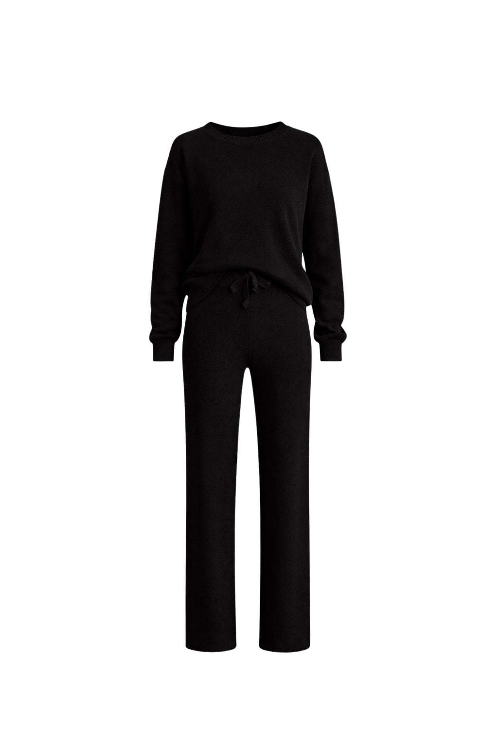 Crew Neck Black Knit Sweater Pants Two-Piece Set