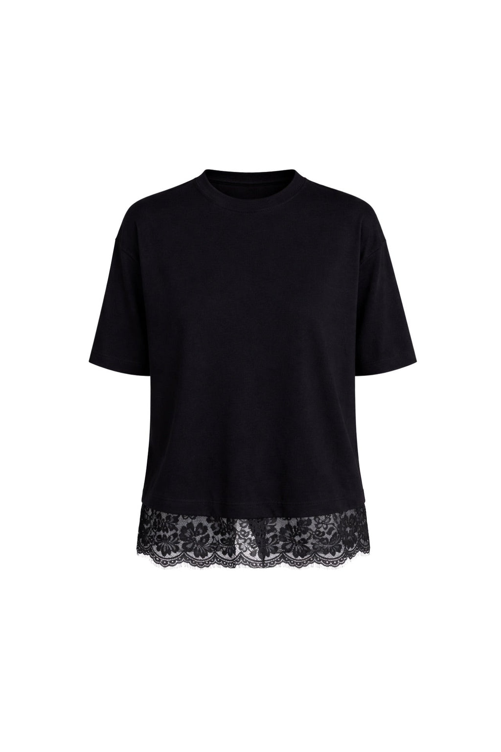 Lace Detail Crew Neck Black Blouse