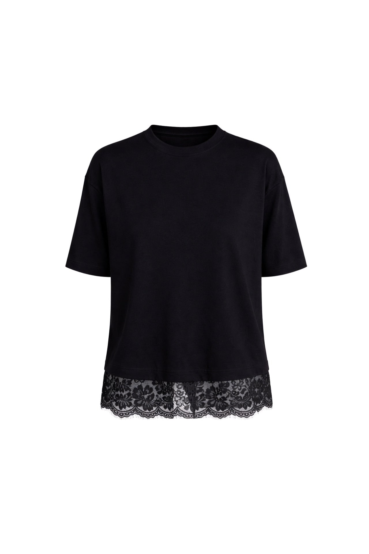 Lace Detail Crew Neck Black Blouse