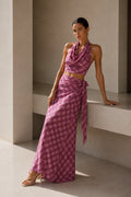 Pink Plaid Pattern Cowl Neck Blouse and Tie Detail Skirt Two-Piece Set