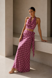 Pink Plaid Pattern Cowl Neck Blouse and Tie Detail Skirt Two-Piece Set