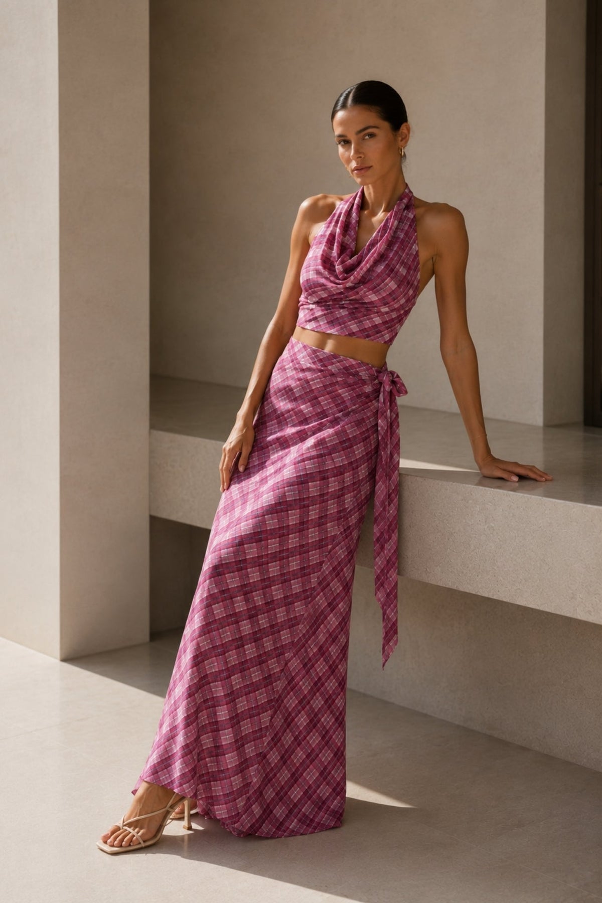 Pink Plaid Pattern Cowl Neck Blouse and Tie Detail Skirt Two-Piece Set