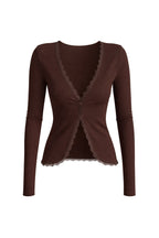Lace Detail Buttoned Brown Ribbed Blouse