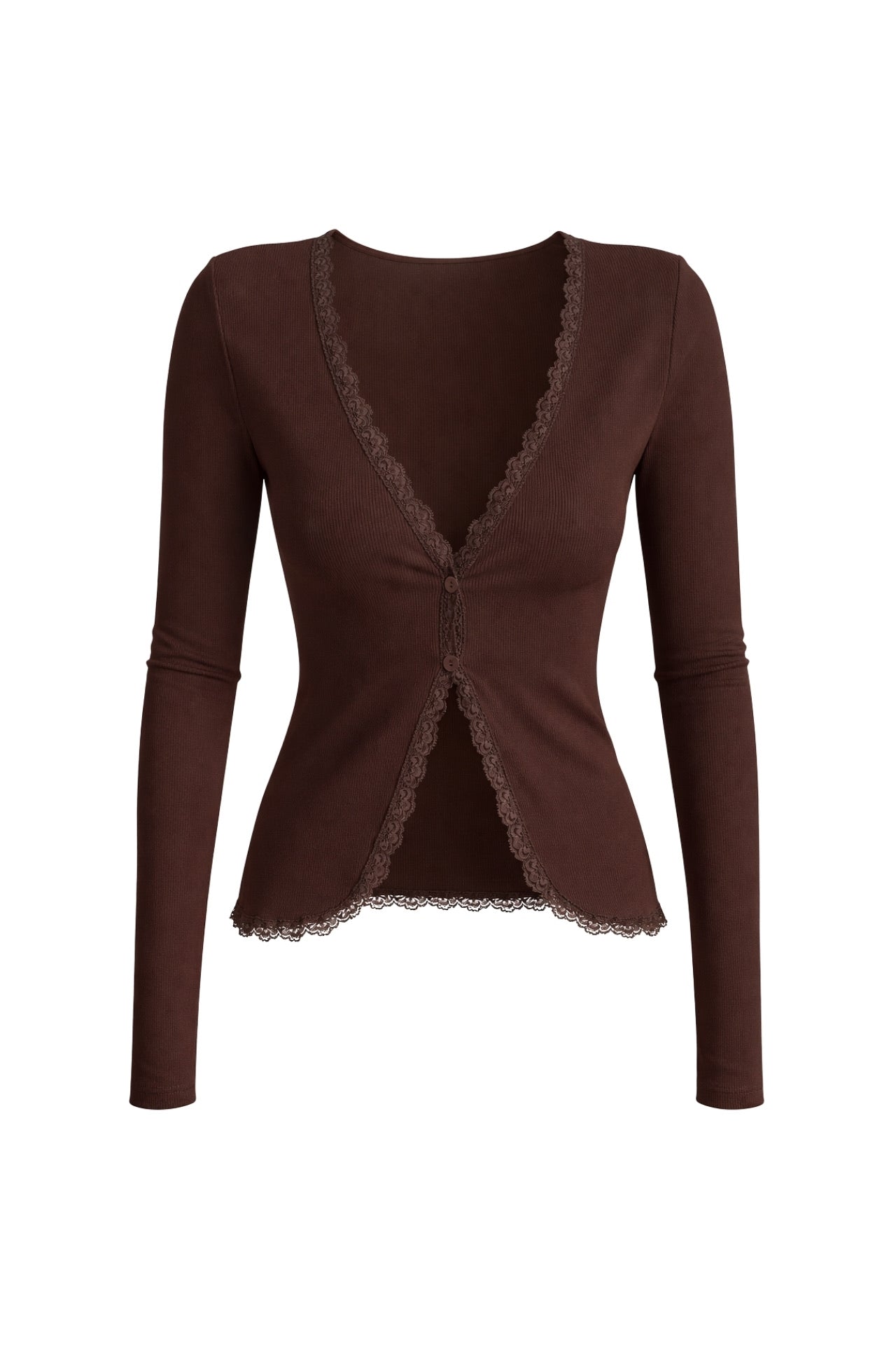 Lace Detail Buttoned Brown Ribbed Blouse