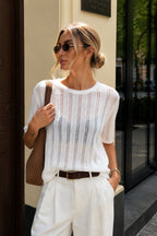 Şerit Detay Sheer Oversize White Knit Blouse