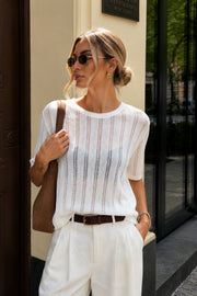 Stripe Detail Transparent Oversized White Knit Blouse