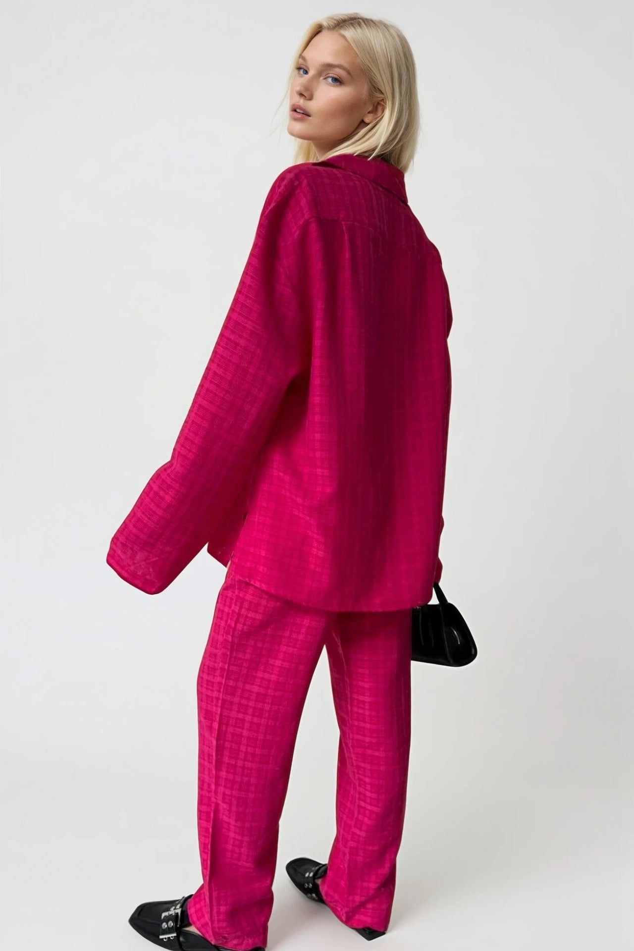 Pocket Fuchsia Shirt Pants Two-Piece Set