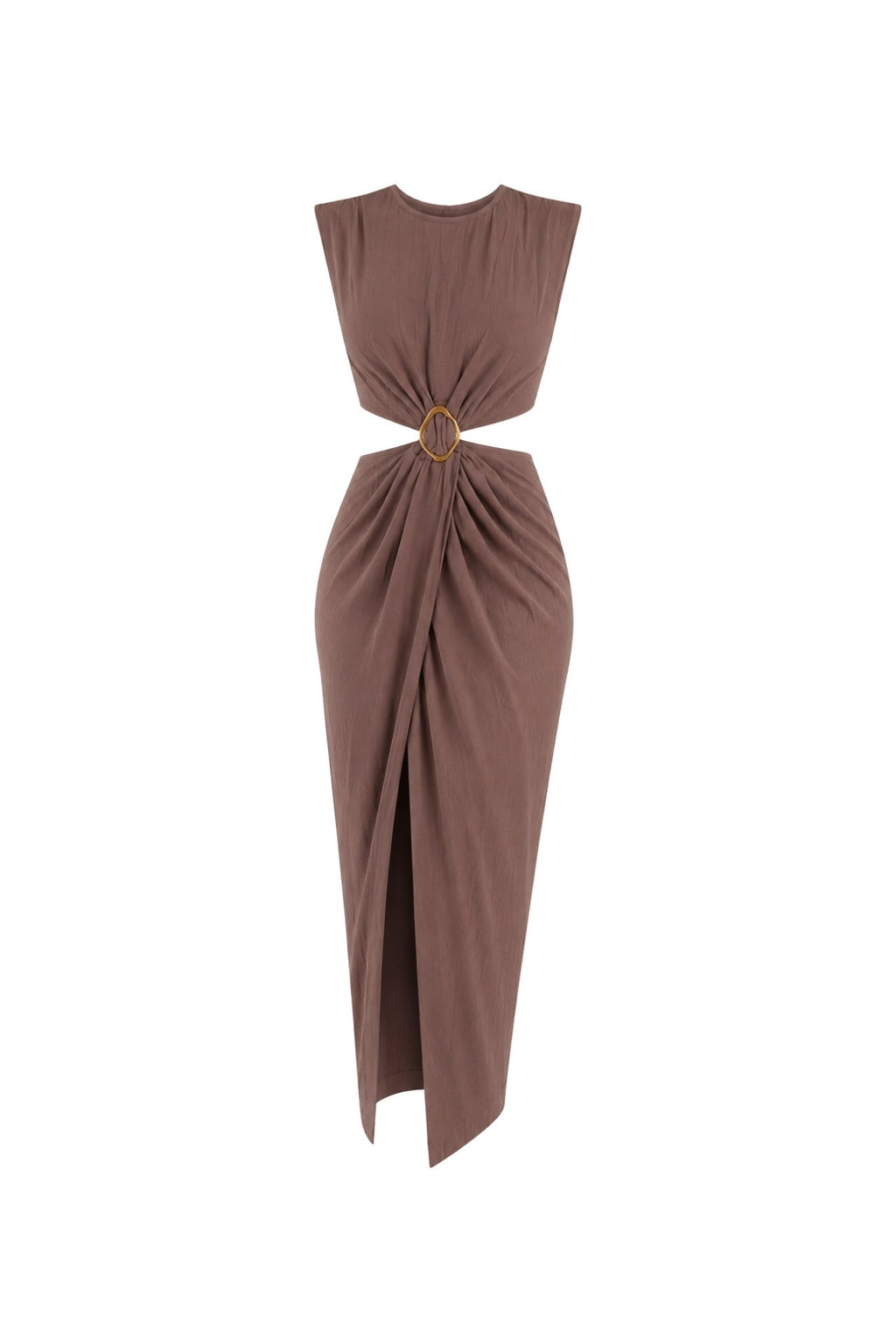 Accessory Detail Slit Maxi Brown Linen Dress