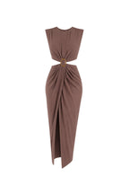 Accessory Detail Slit Maxi Brown Linen Dress