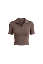 Polo Collar Beige Knit Crop Blouse