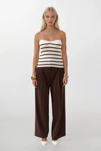 Striped Strapless Textured White Brown Blouse
