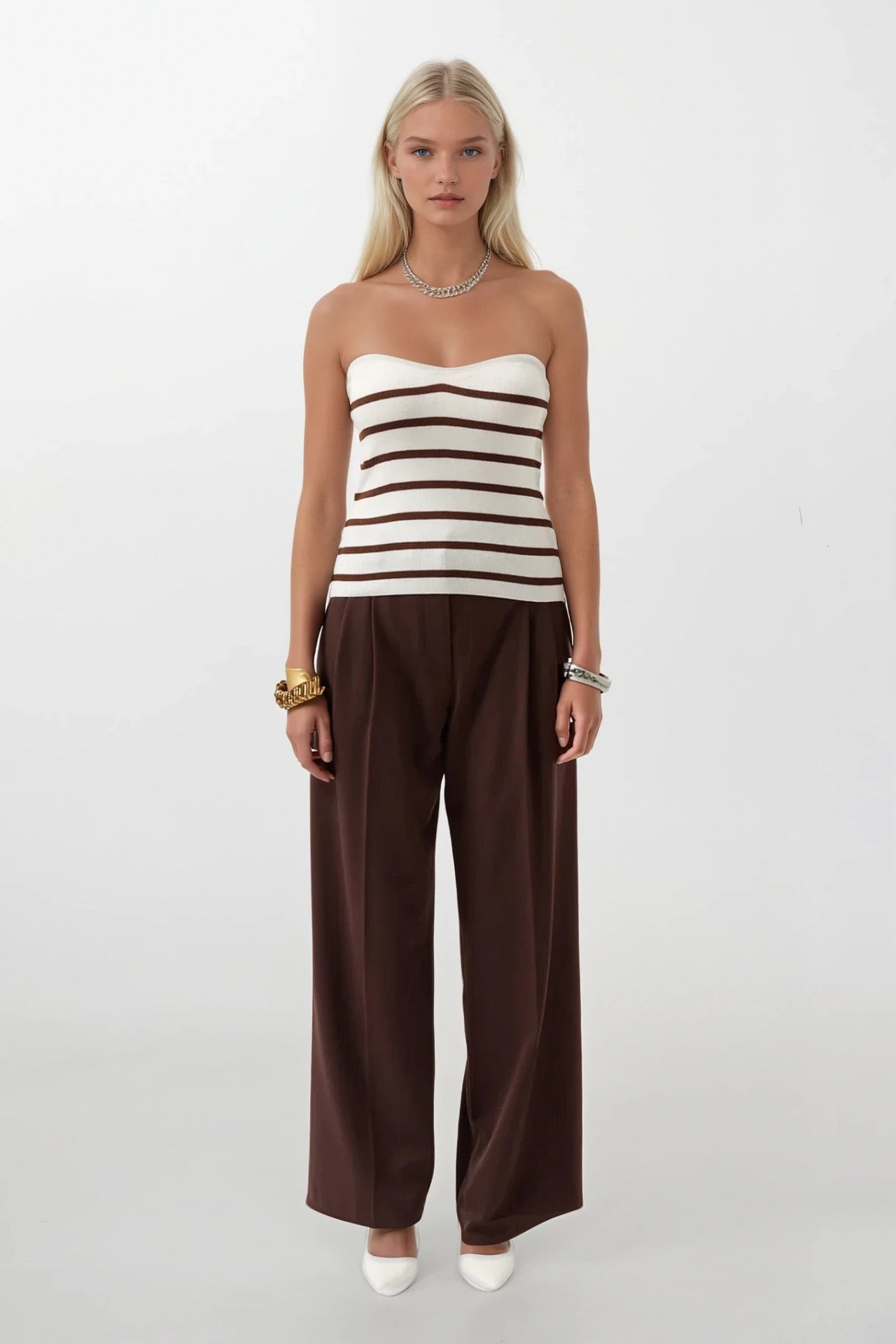 Striped Strapless Textured White Brown Blouse