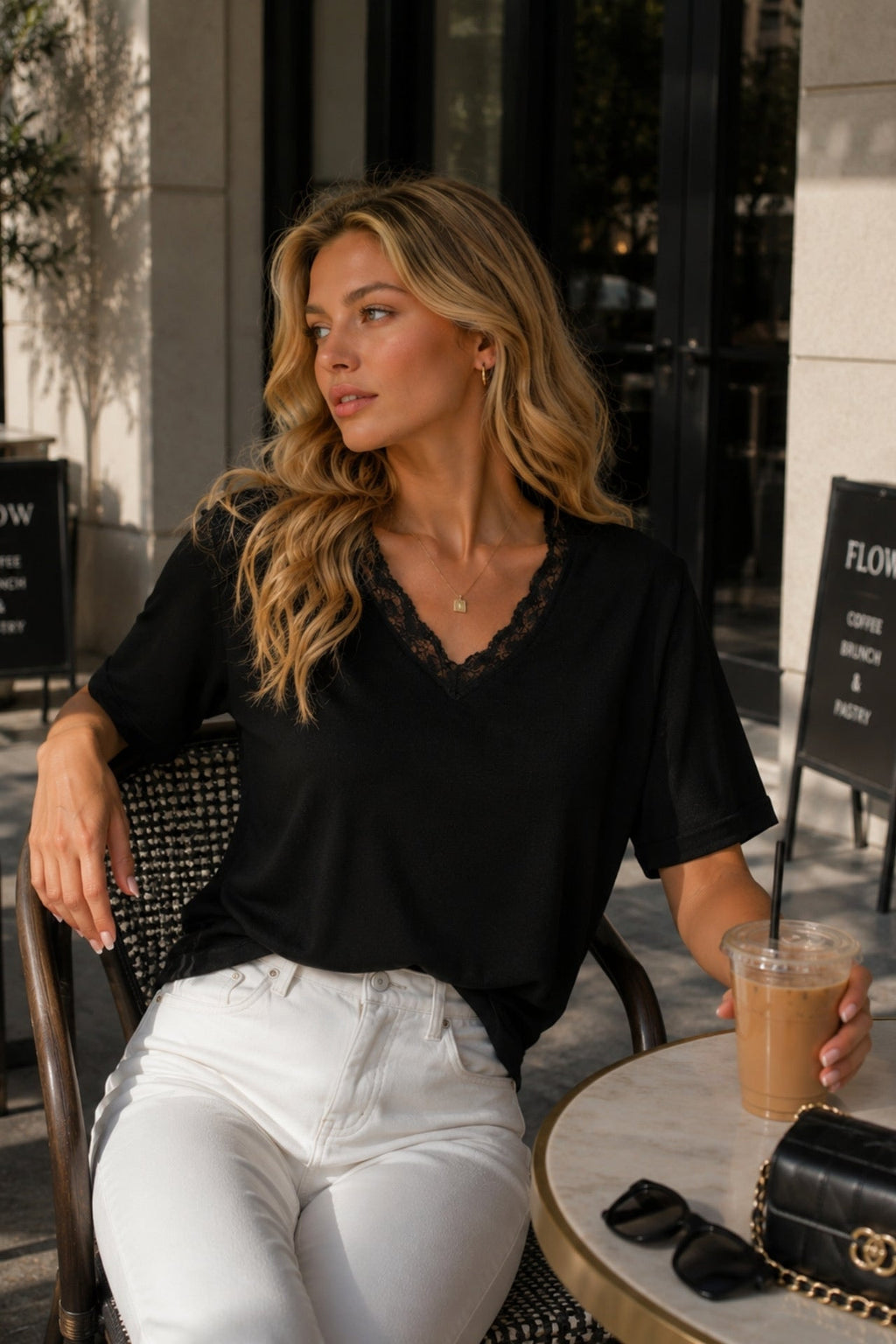 V-Neck Lace Detail Black Knitwear Blouse