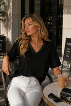V-Neck Lace Detail Black Knitwear Blouse