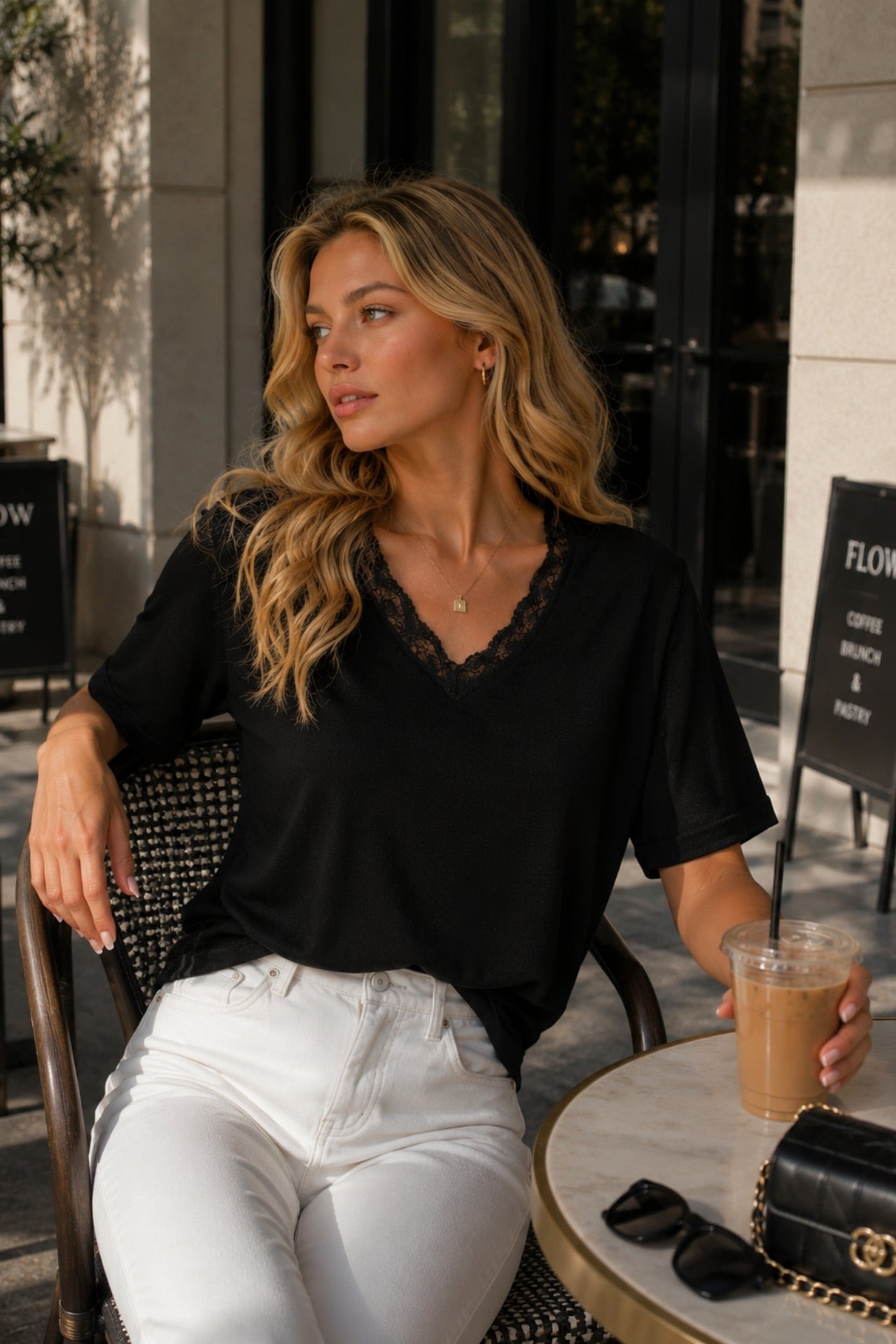 V-Neck Lace Detail Black Knitwear Blouse