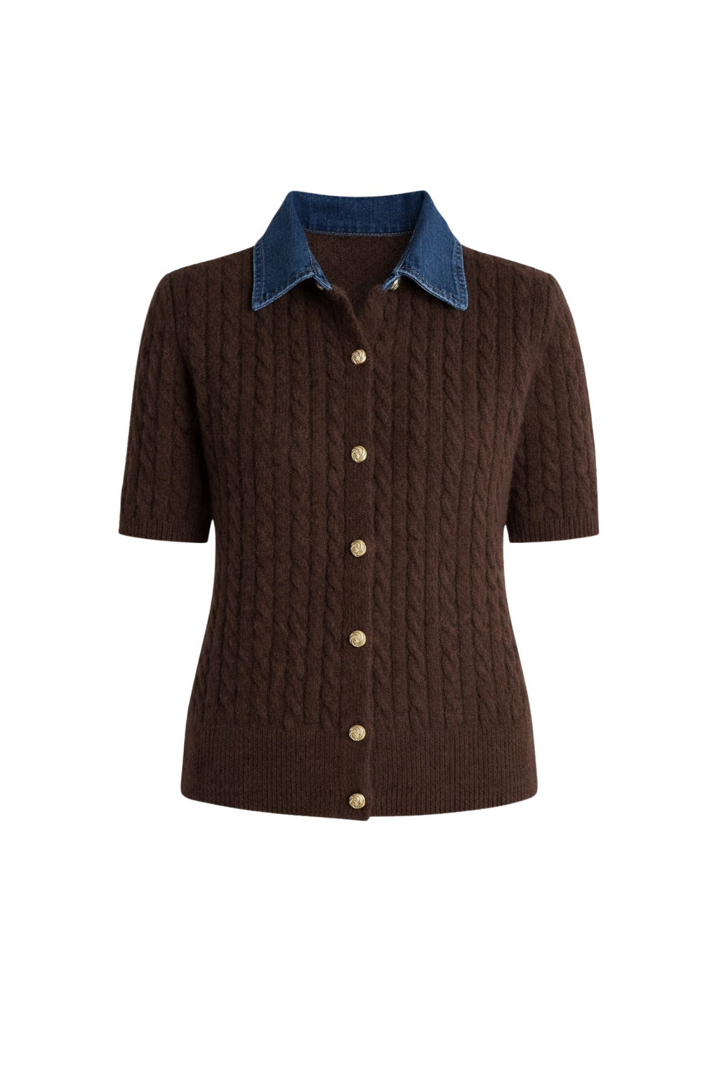 Denim Collar Gold Buttoned Half Sleeve Brown Knit Blouse
