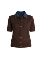 Denim Collar Gold Buttoned Half Sleeve Brown Knit Blouse
