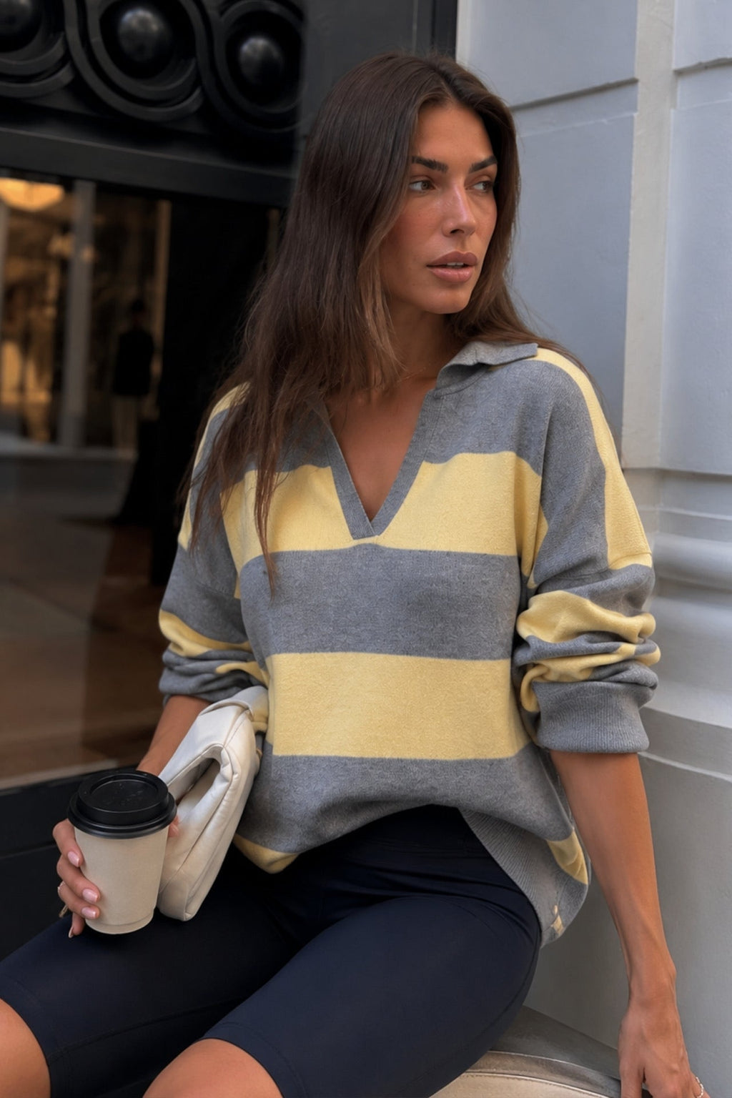 Striped Polo Collar Gray Knit Kazak