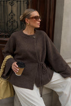 Button Detail Tie-Detail Brown Knit Cardigan