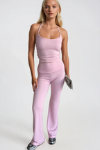 Spaghetti Strap Blouse Wide Leg Pants Pink Two-Piece Set